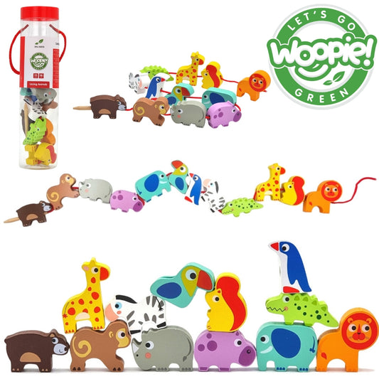WOOPIE GREEN Medinės vėrimo kaladėlės „Safari ZOO“ gyvūnai, 13 dalių – pagrindinis vaizdas