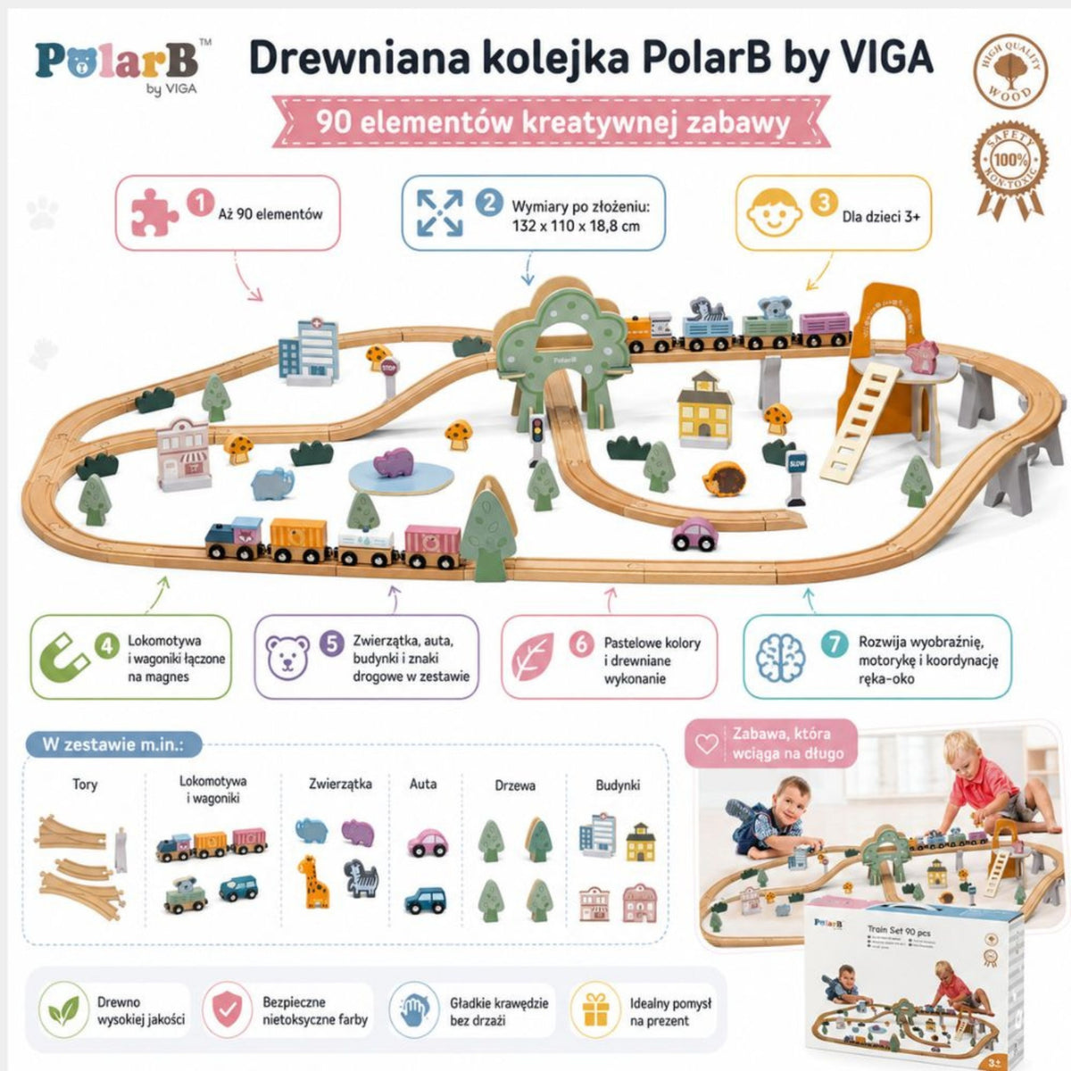 VIGA PolarB medinis traukinukų bėgių rinkinys, 90 detalių