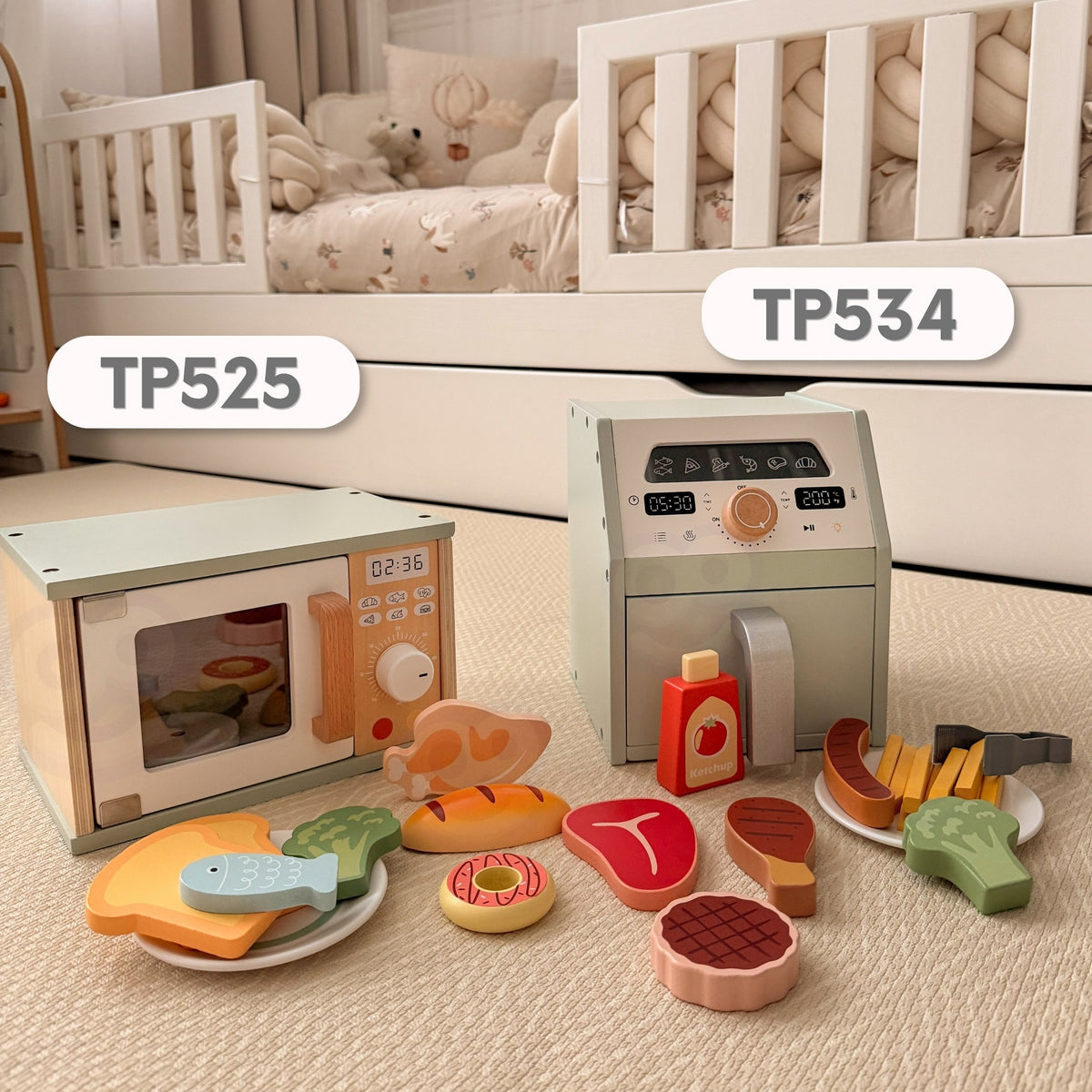 TOOKY TOY Medinė Mikrobangų Krosnelė su Maisto Rinkiniu