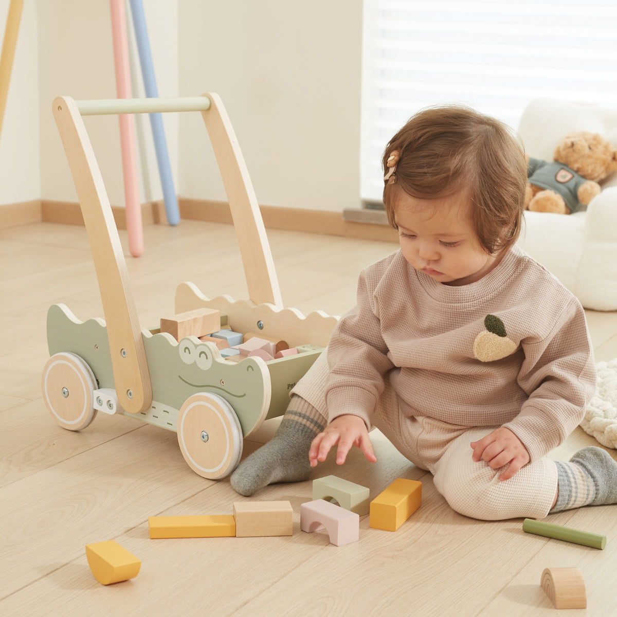 Viga Wooden Pusher Trolley – medinis vaikštynas Krokodilas