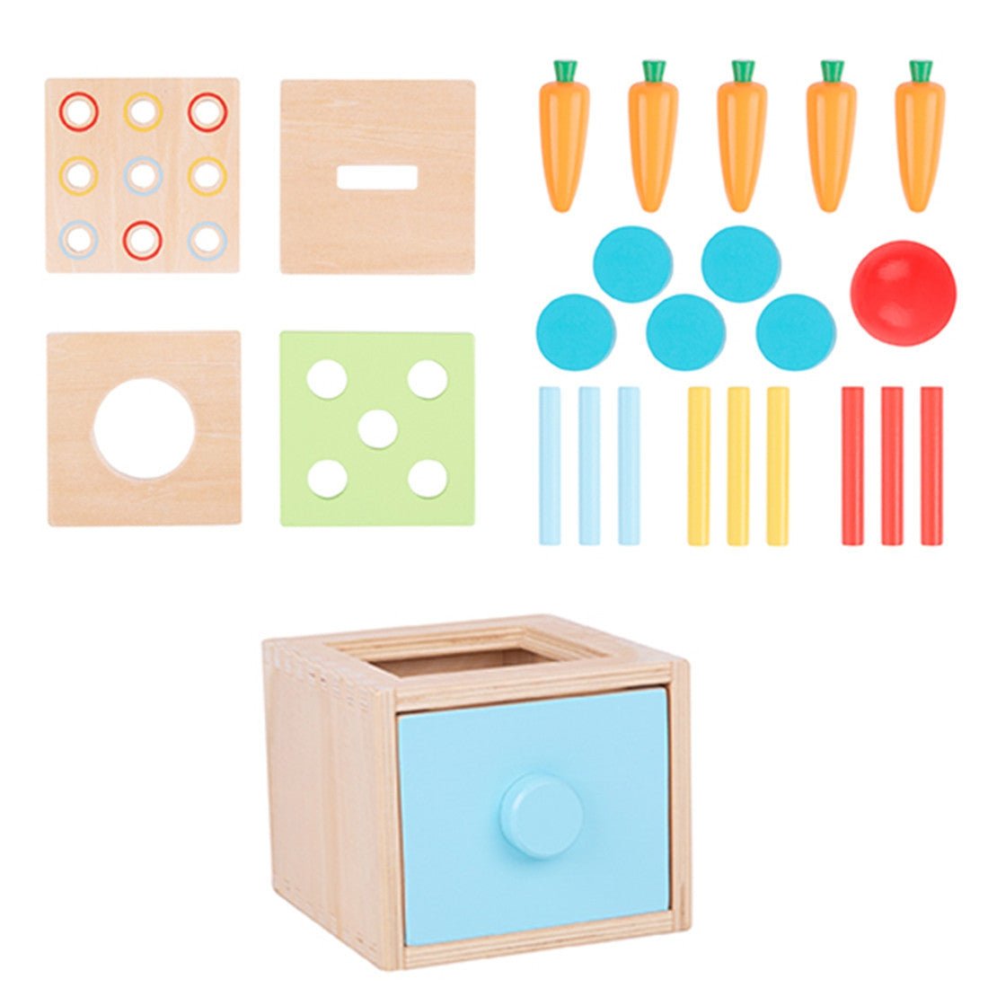 WOOPIE Medinė lavinamoji dėžutė 4in1 Montessori rūšiuoklis su morkytėmis