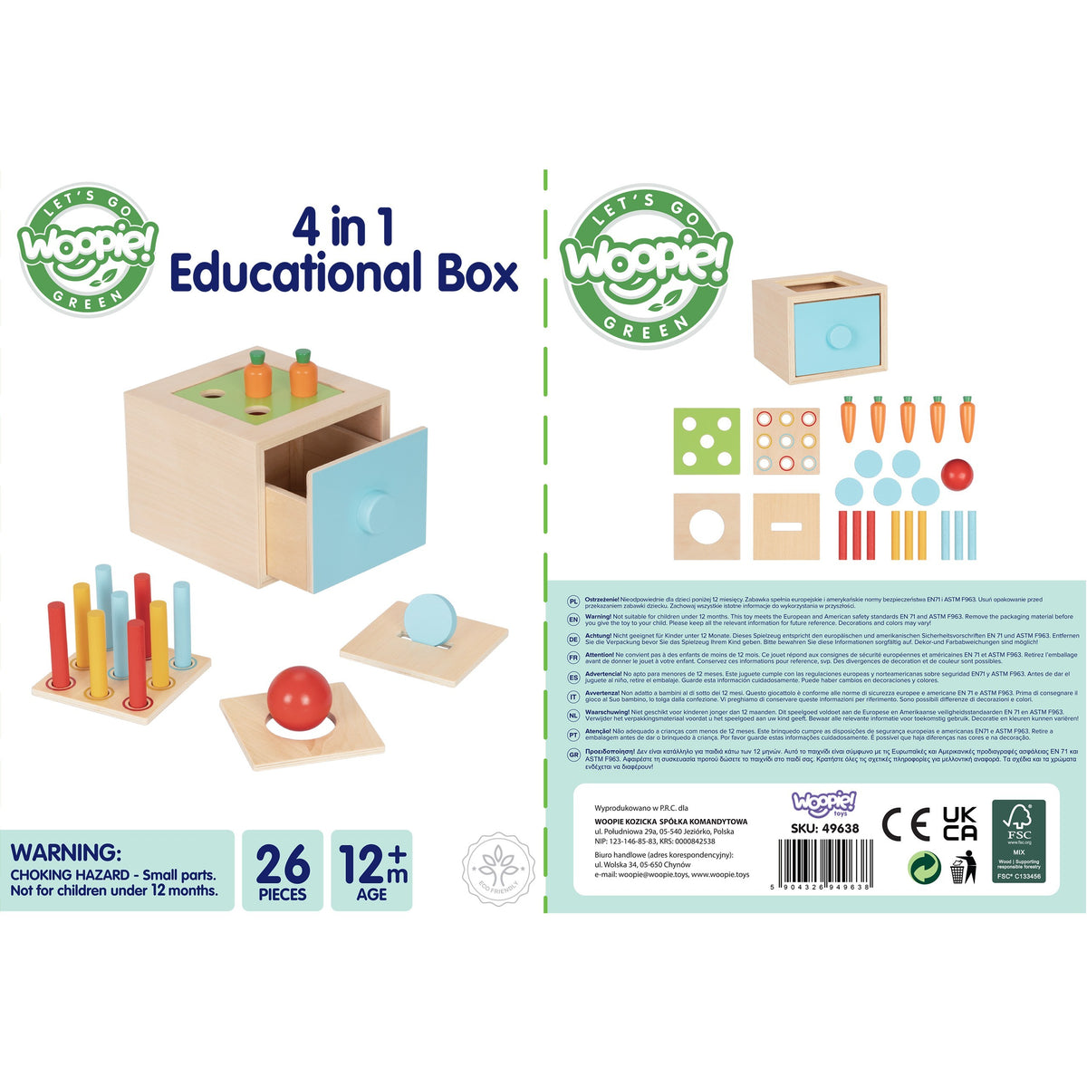WOOPIE Medinė lavinamoji dėžutė 4in1 Montessori rūšiuoklis su morkytėmis