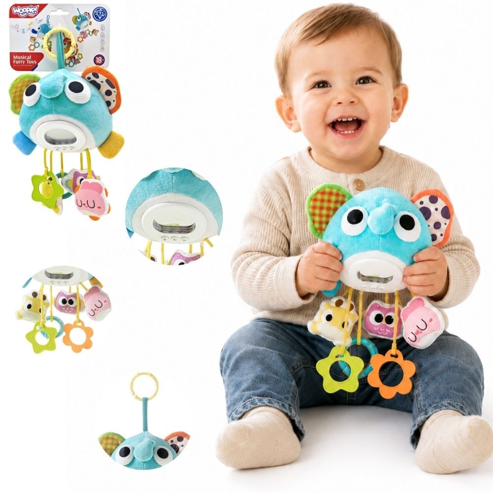 Pliušinis muzikinis drambliukas su kramtukais Woopie Baby