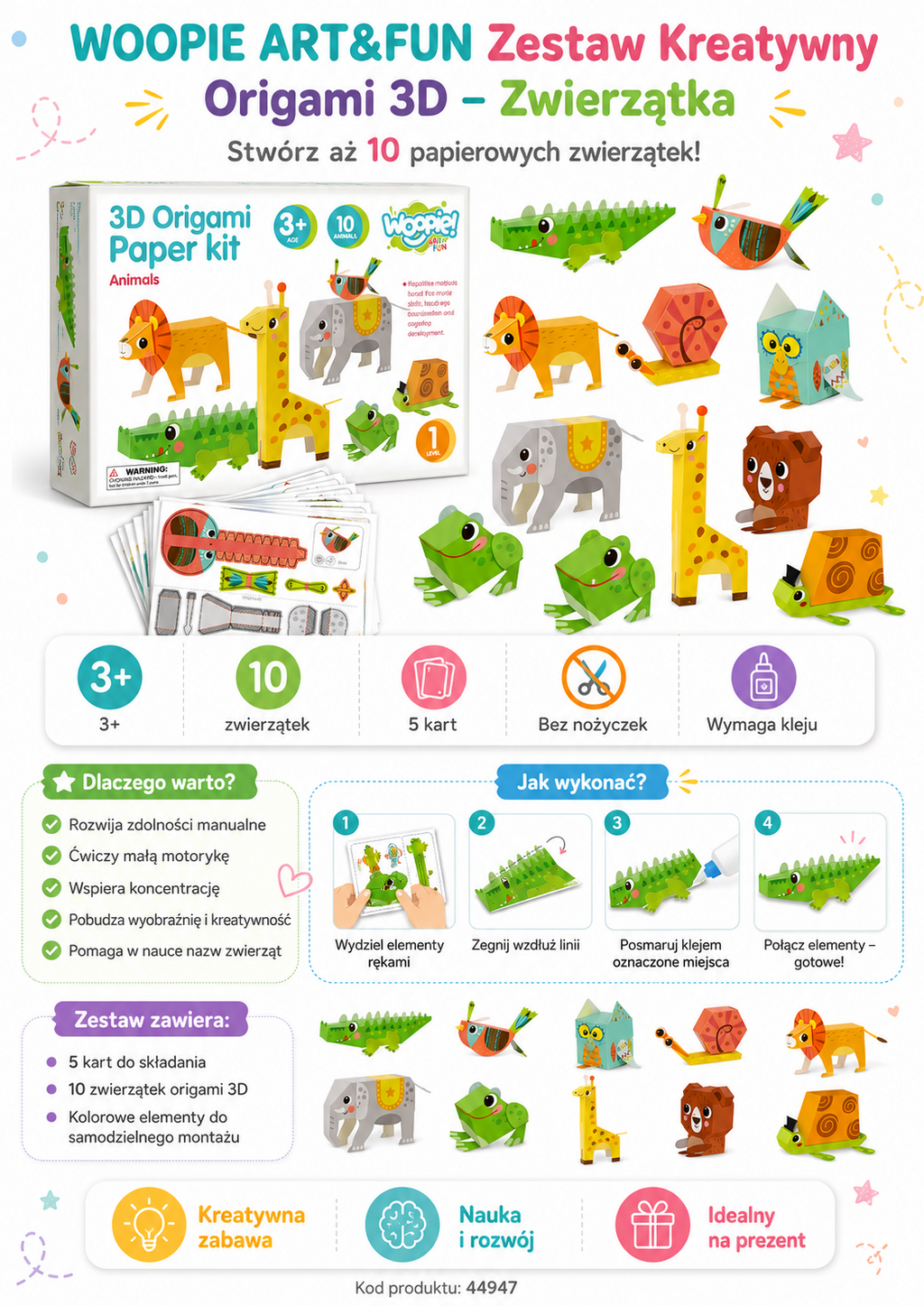 WOOPIE ART&FUN 3D Origami Kūrybinis Rinkinys – 10 Gyvūnėlių