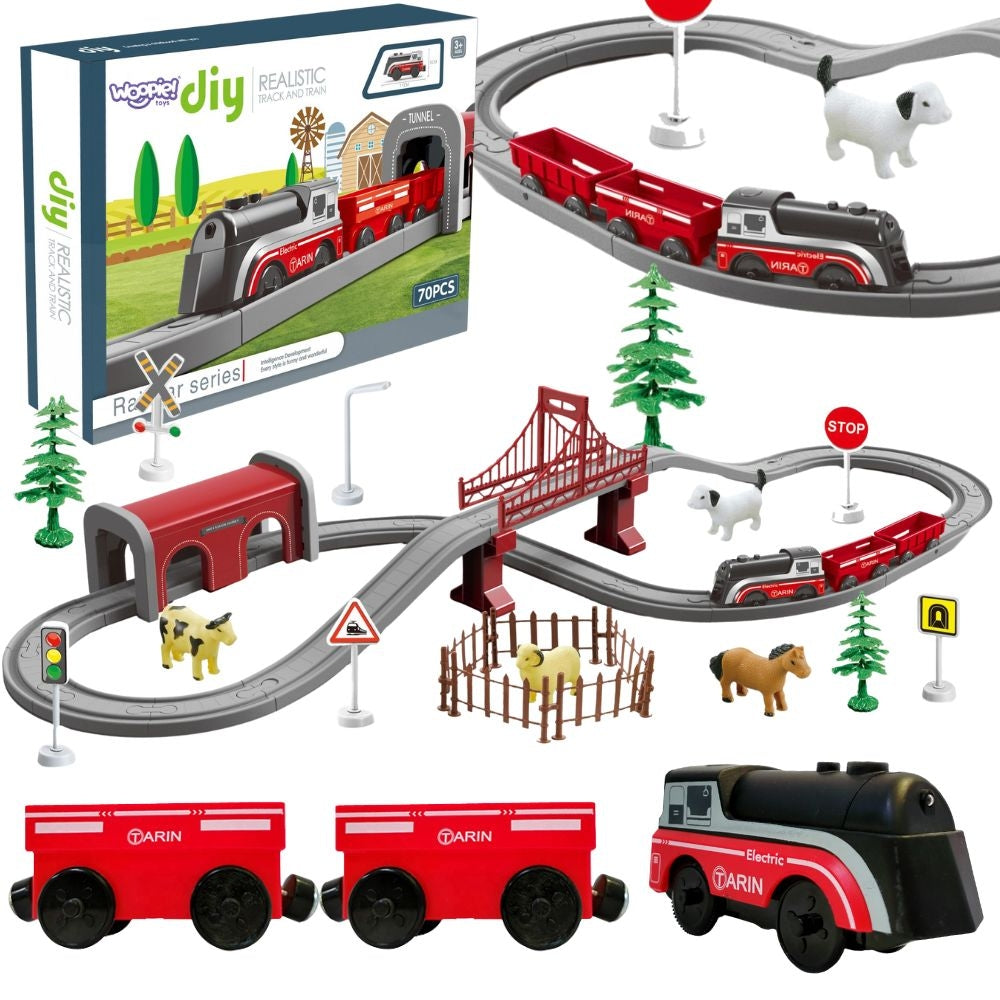 WOOPIE Elektrinės geležinkelio stotelės rinkinys su ferma ir gyvūnais, 70 dalių – pagrindinis vaizdas