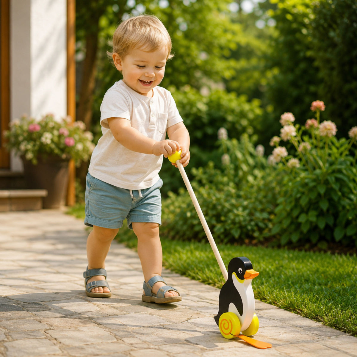 Viga Toys Medinis Stumdukas Pingvinas ant Lazdelės Vaikams