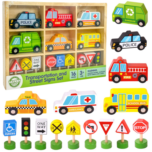 WOOPIE GREEN Medinių Automobilių ir Kelio Ženklų Rinkinys 15 vnt.