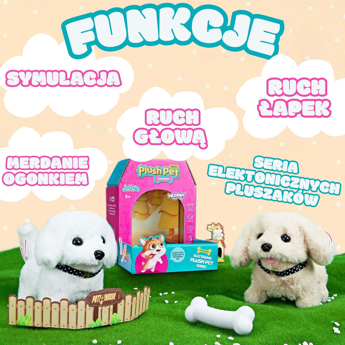 WOOPIE Interaktyvus Pliušinis Šuo su Kaulu Bišonas/Golden Retriveris