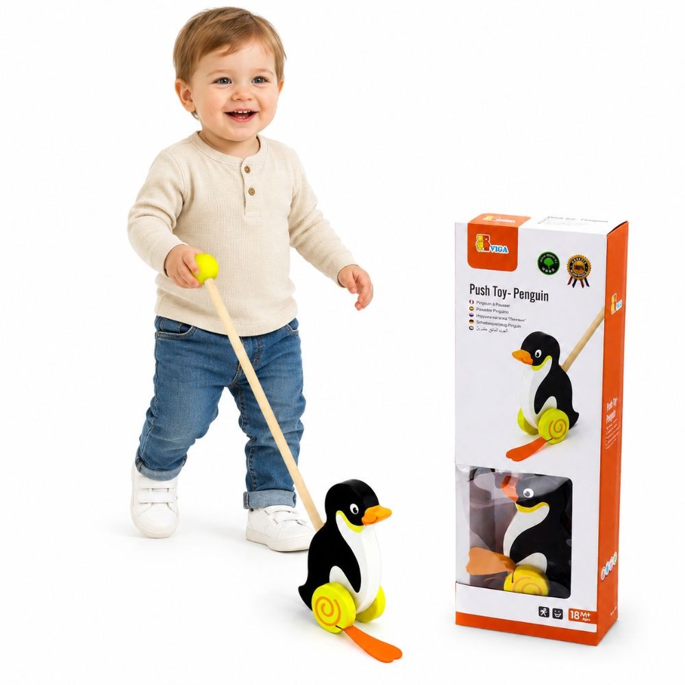 Viga Toys Medinis Stumdukas Pingvinas ant Lazdelės Vaikams