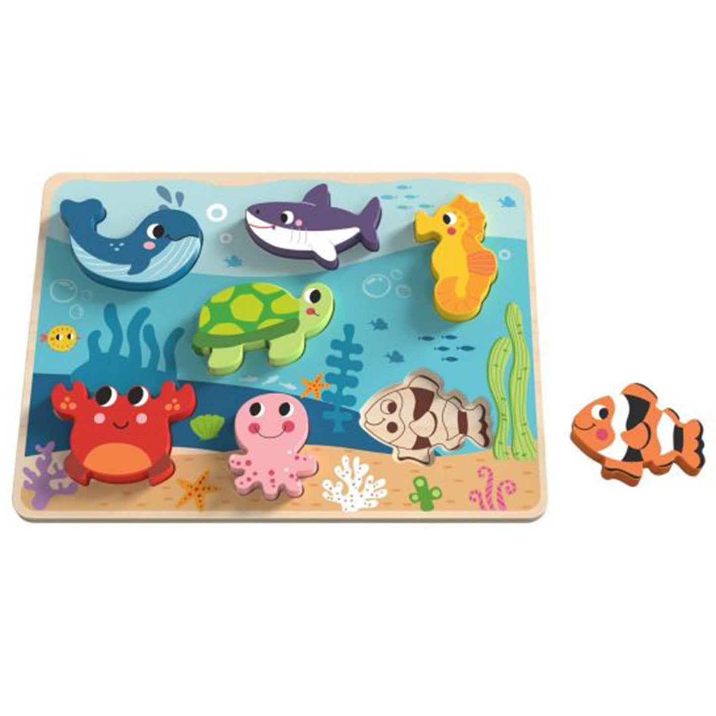 TOOKY TOY medinė Montessori formų dėlionė „Jūros pasaulis“ (7 elementai: žuvytės, vėžliukas) – vaizdas 2