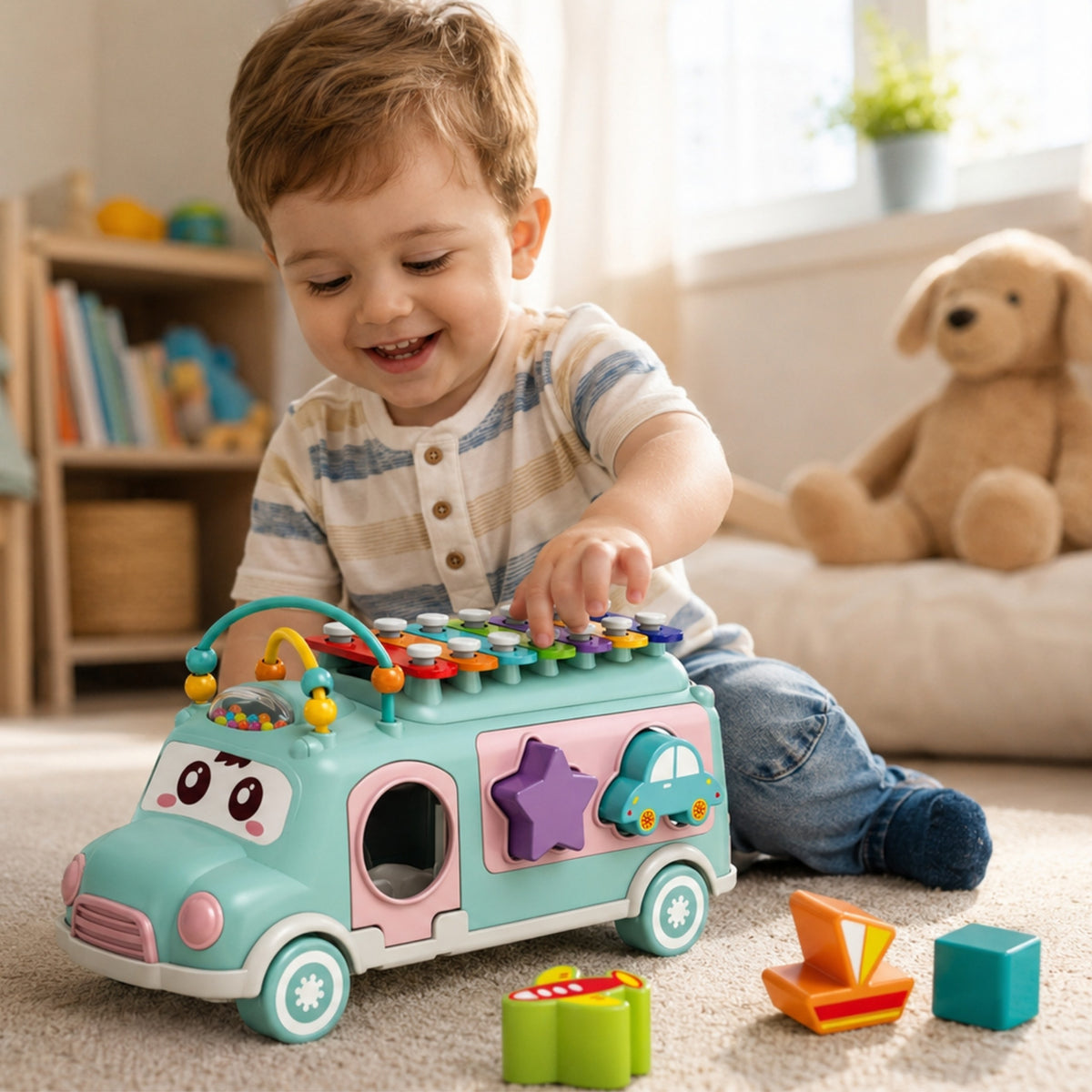 WOOPIE BABY Muzikinė mašinėlė rūšiuoklė su cimbolais, žalia