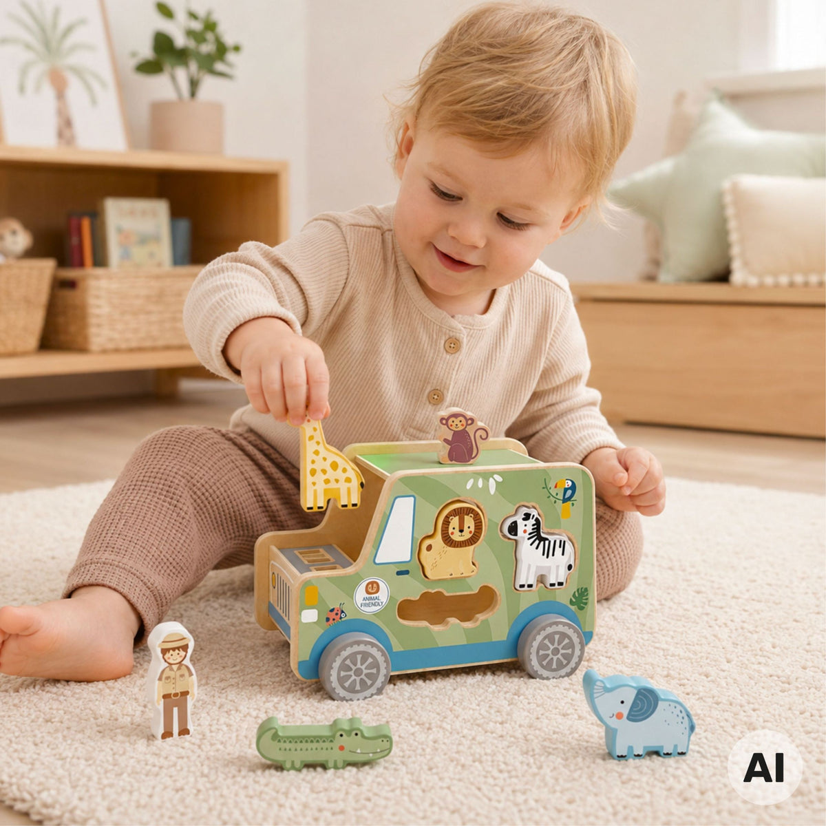 TOOKY TOY medinis safario automobilis su gyvūnais, 9 dalys