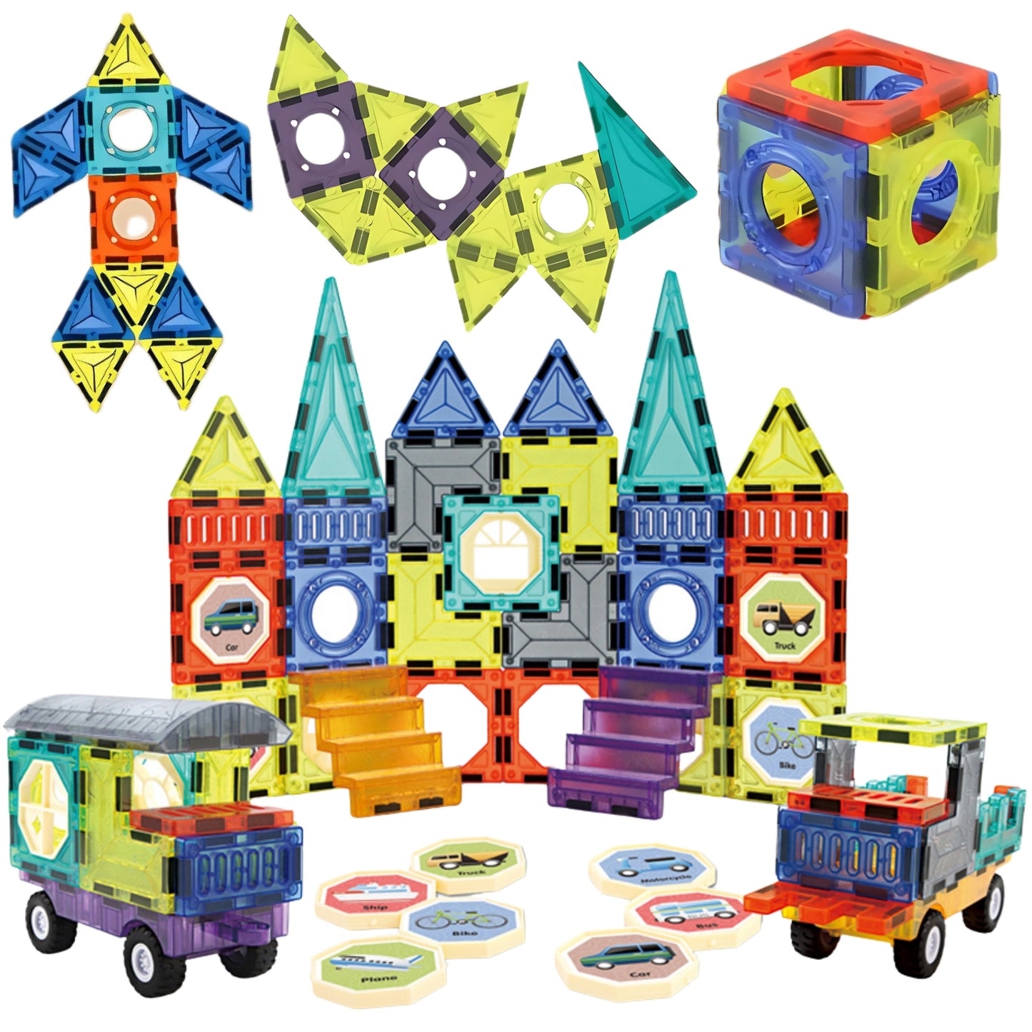 WOOPIE Magnetiniai 3D blokeliai Pilis ir Transportas 71 vnt.
