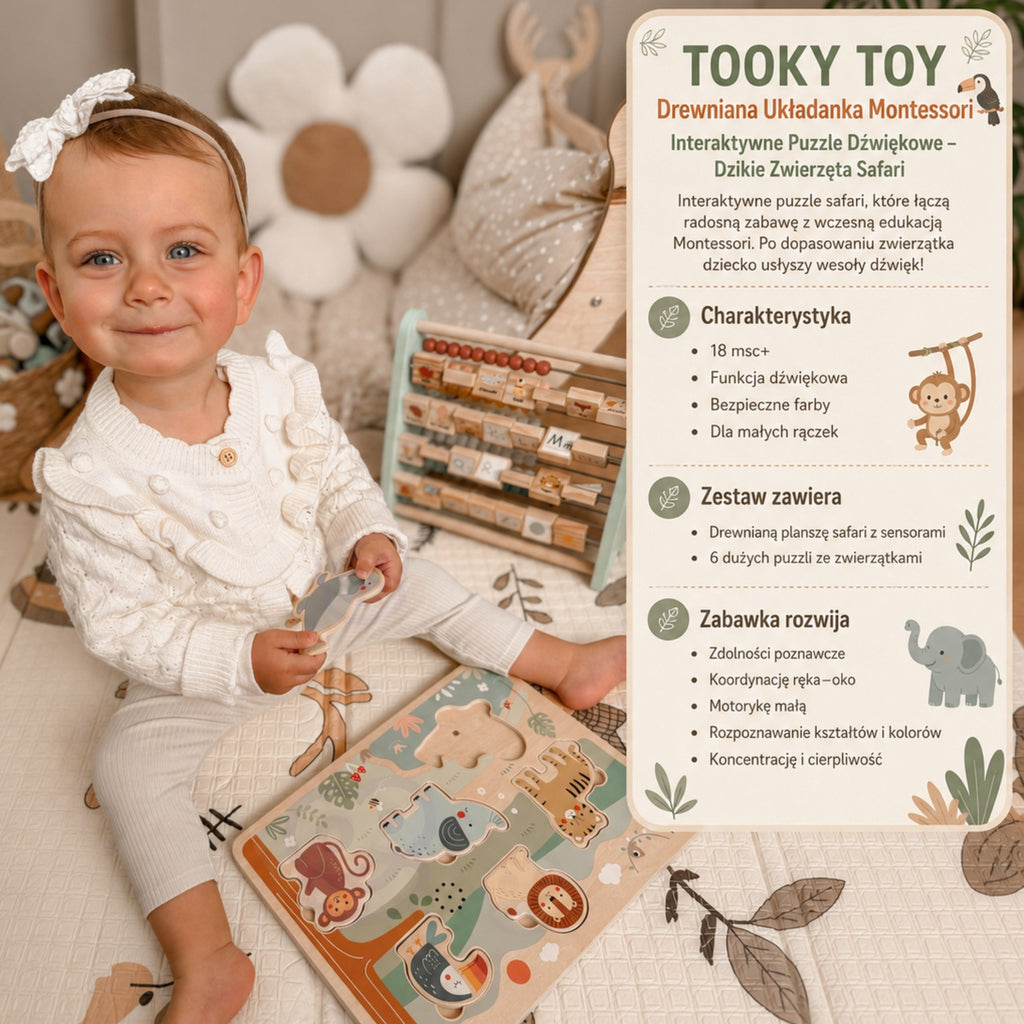 TOOKY TOY Garsinė dėlionė Safari Montessori vaikams
