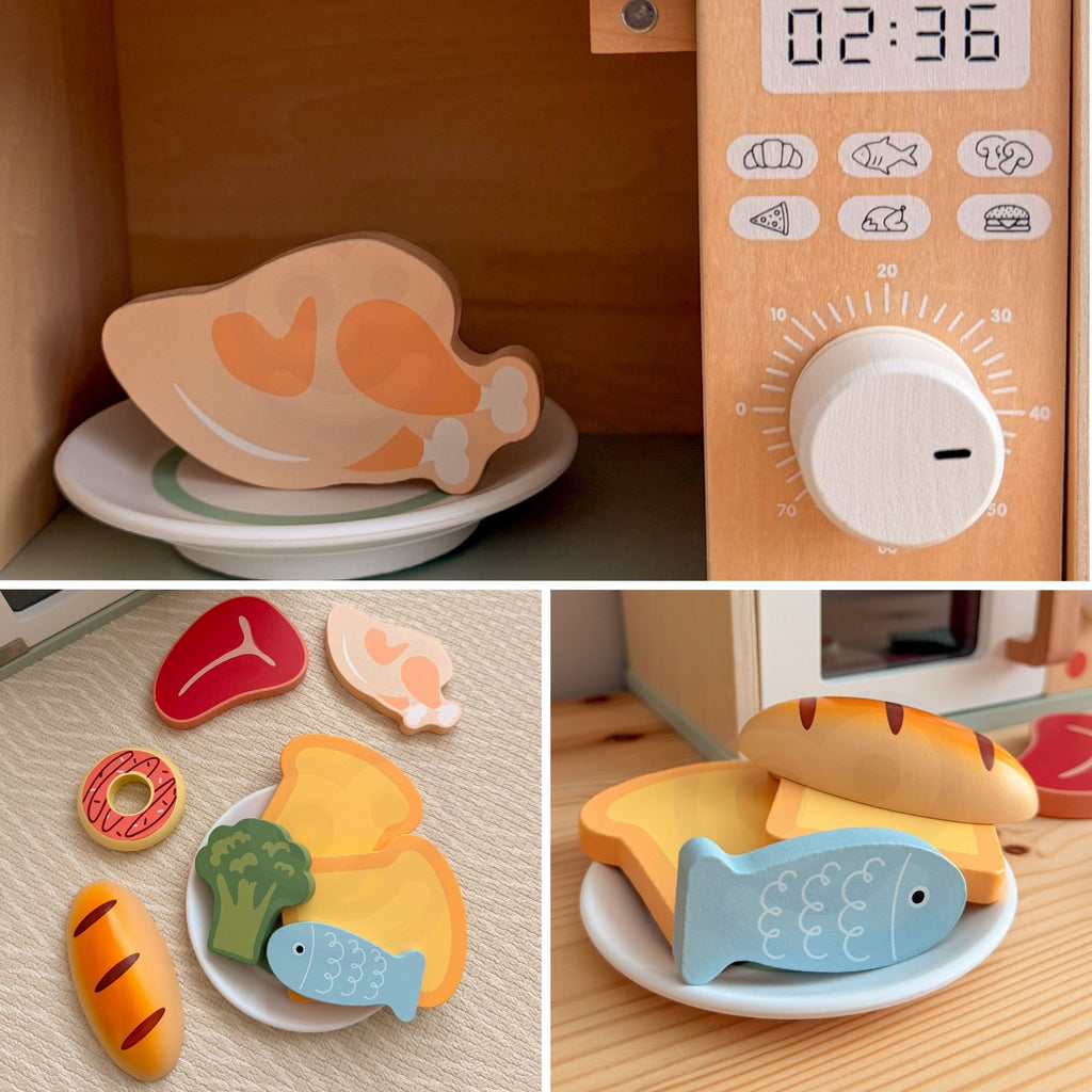 TOOKY TOY Medinė Mikrobangų Krosnelė su Maisto Rinkiniu