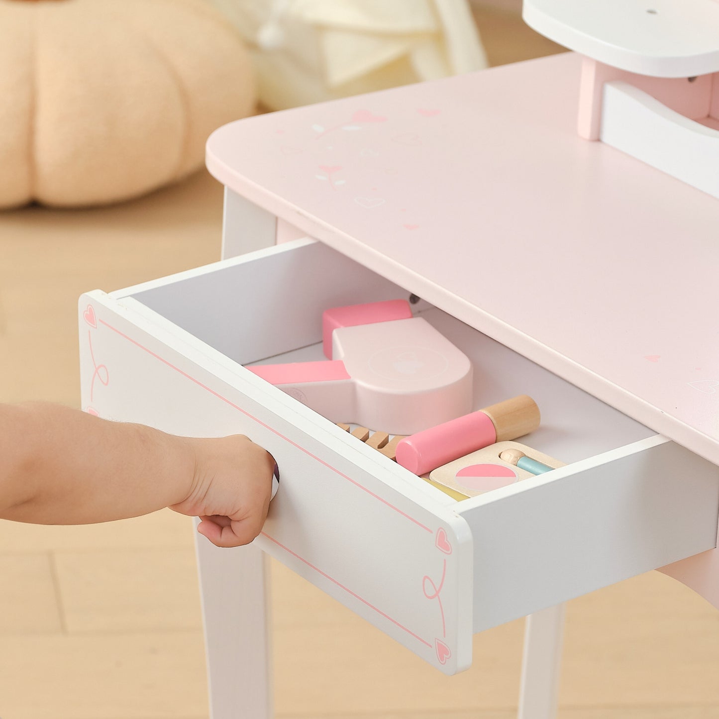 VIGA Didelis medinis kosmetinis staliukas, baltas/rožinis, iš arčiau – vaizdas 5