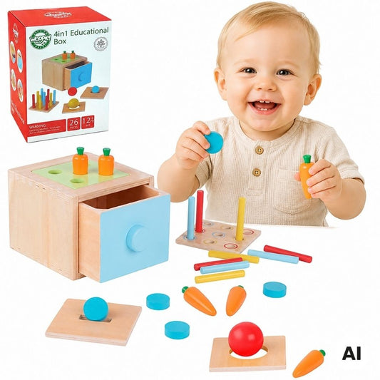 WOOPIE Medinė lavinamoji dėžutė 4in1 Montessori rūšiuoklis su morkytėmis