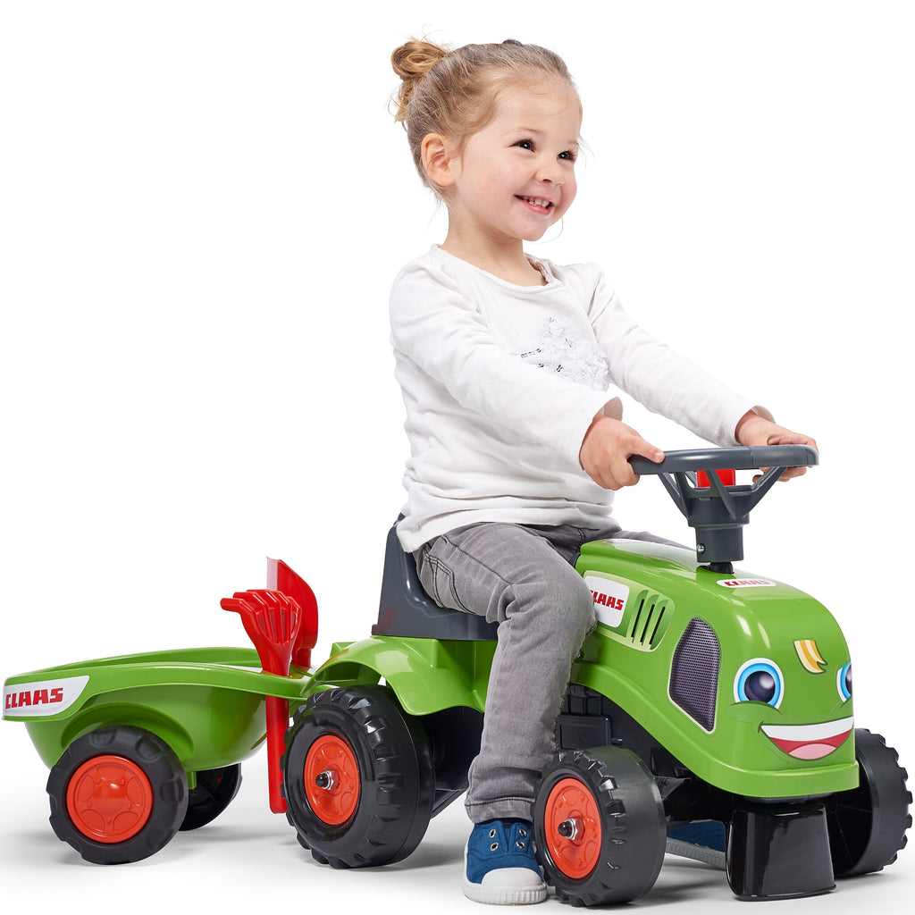 FALK Traktorius-paspirtukas Baby Claas, žalias, su priekaba ir priedais (nuo 1 metų)
