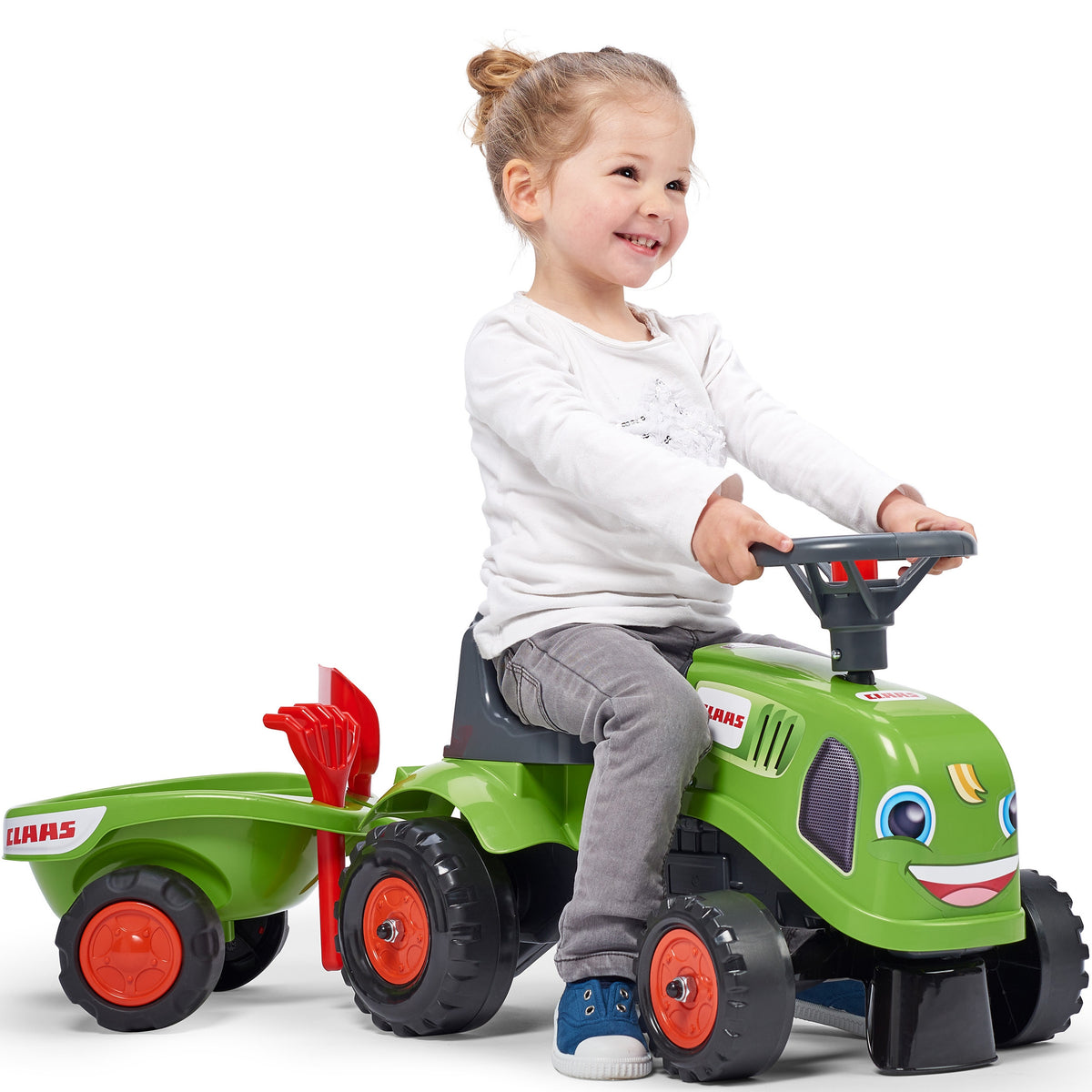 FALK Traktorius-paspirtukas Baby Claas, žalias, su priekaba ir priedais (nuo 1 metų)