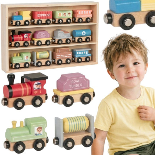 TOOKY TOY Mediniai magnetiniai vagonai, 12 dalių rinkinys