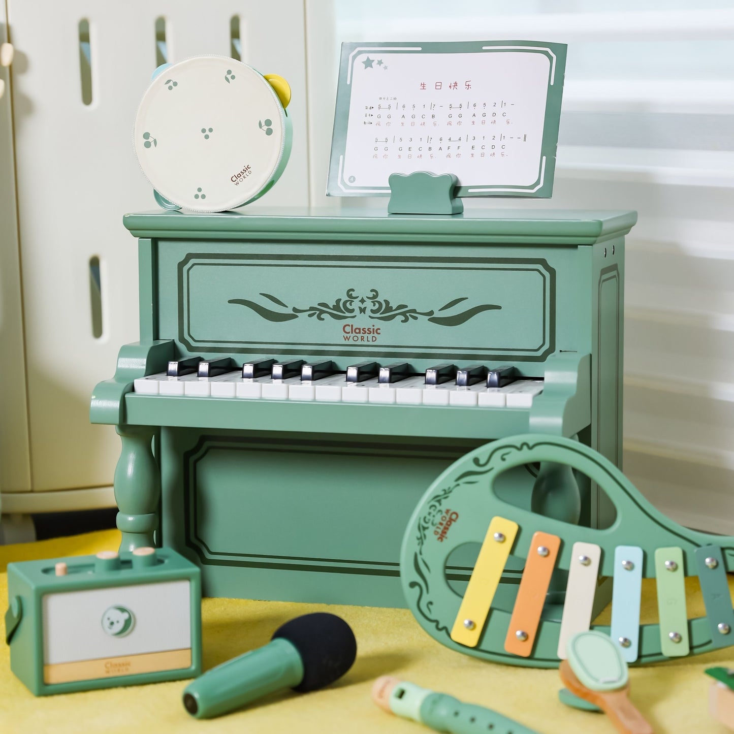 Classic World Vintažinis Medinis Pianinas Vaikams su Mokymosi Knyga
