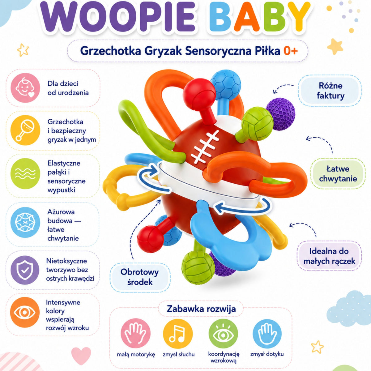 WOOPIE BABY Sensorinis kramtukas-barškutis kūdikiams 0+