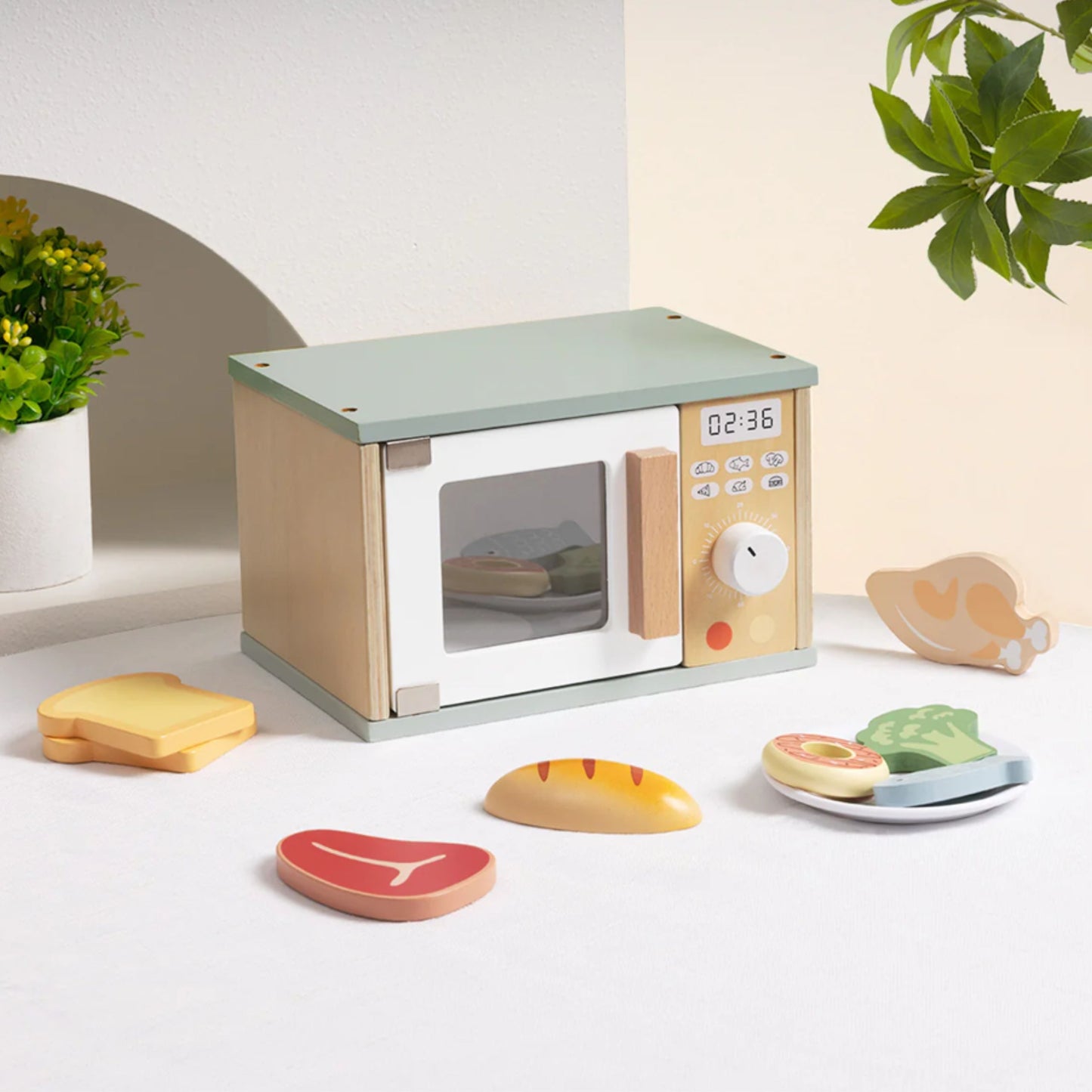 TOOKY TOY Medinė mikrobangų krosnelė su maisto produktų rinkiniu – vaizdas 5