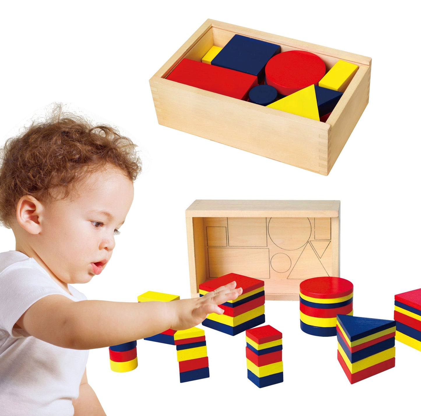 VIGA Mediniai Dienes kaladėliai Geometrinės figūros Montessori 48 vnt.