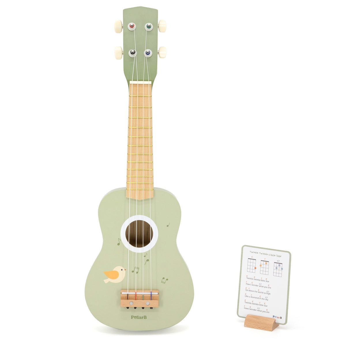Viga medinė ukulelė vaikams, žalia, su natomis – vaizdas 3