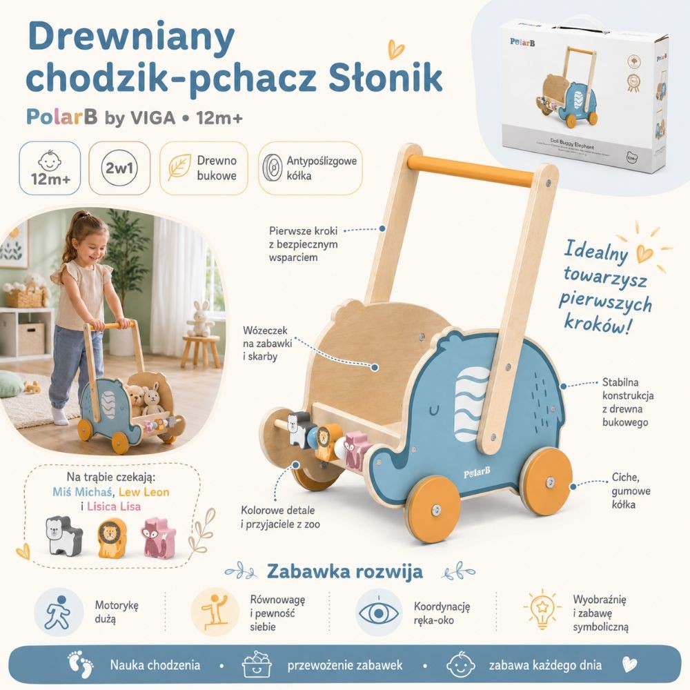 VIGA PolarB Medinis 2-in-1 Vaikštynė-Vežimėlis Dramblys