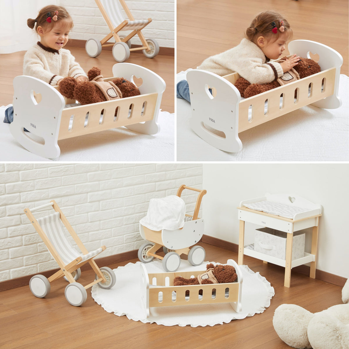 VIGA medinis lopšys lėlėms su širdelėmis