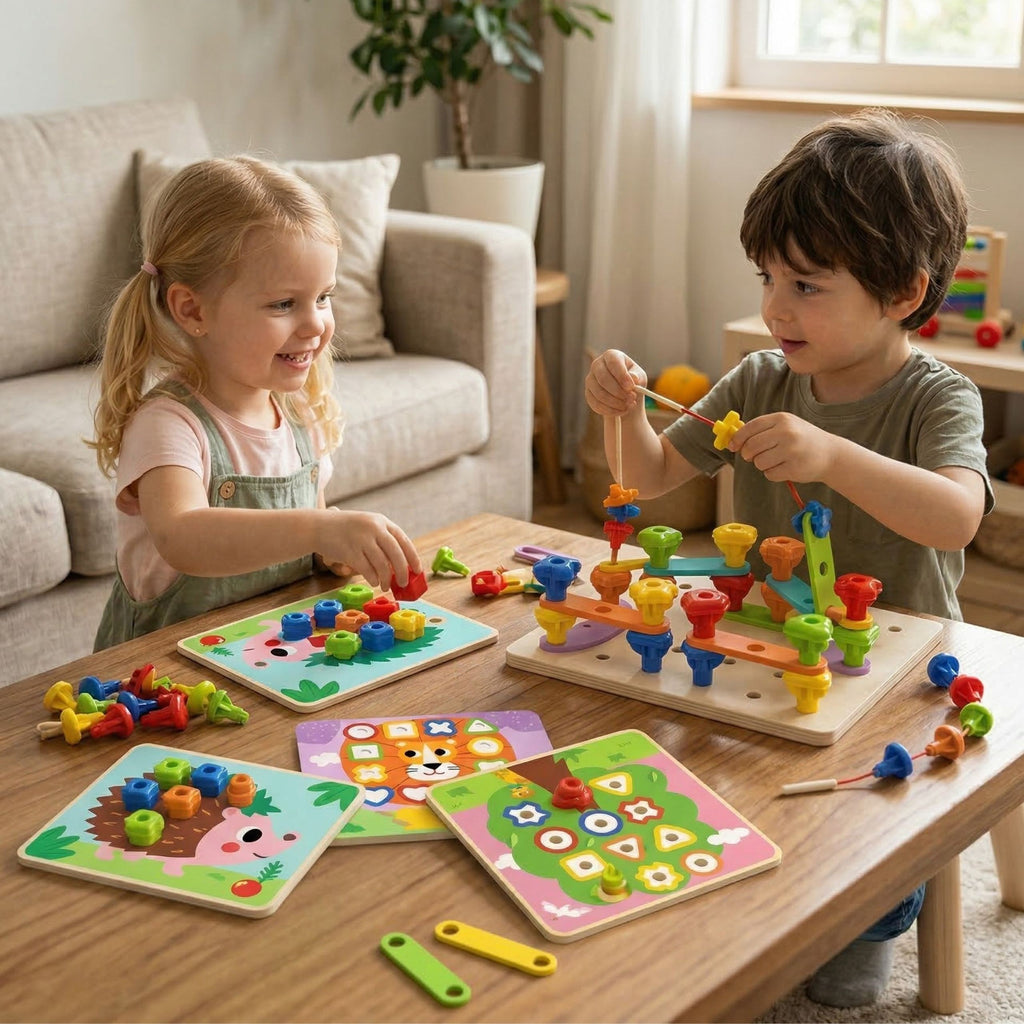 Tooky Toy Daugiafunkcinė Montessori Lenta su Varžtais ir Formomis