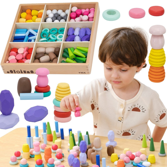VIGA Mediniai Montessori Edukaciniai Kaladėlių Blokai 141 vnt.