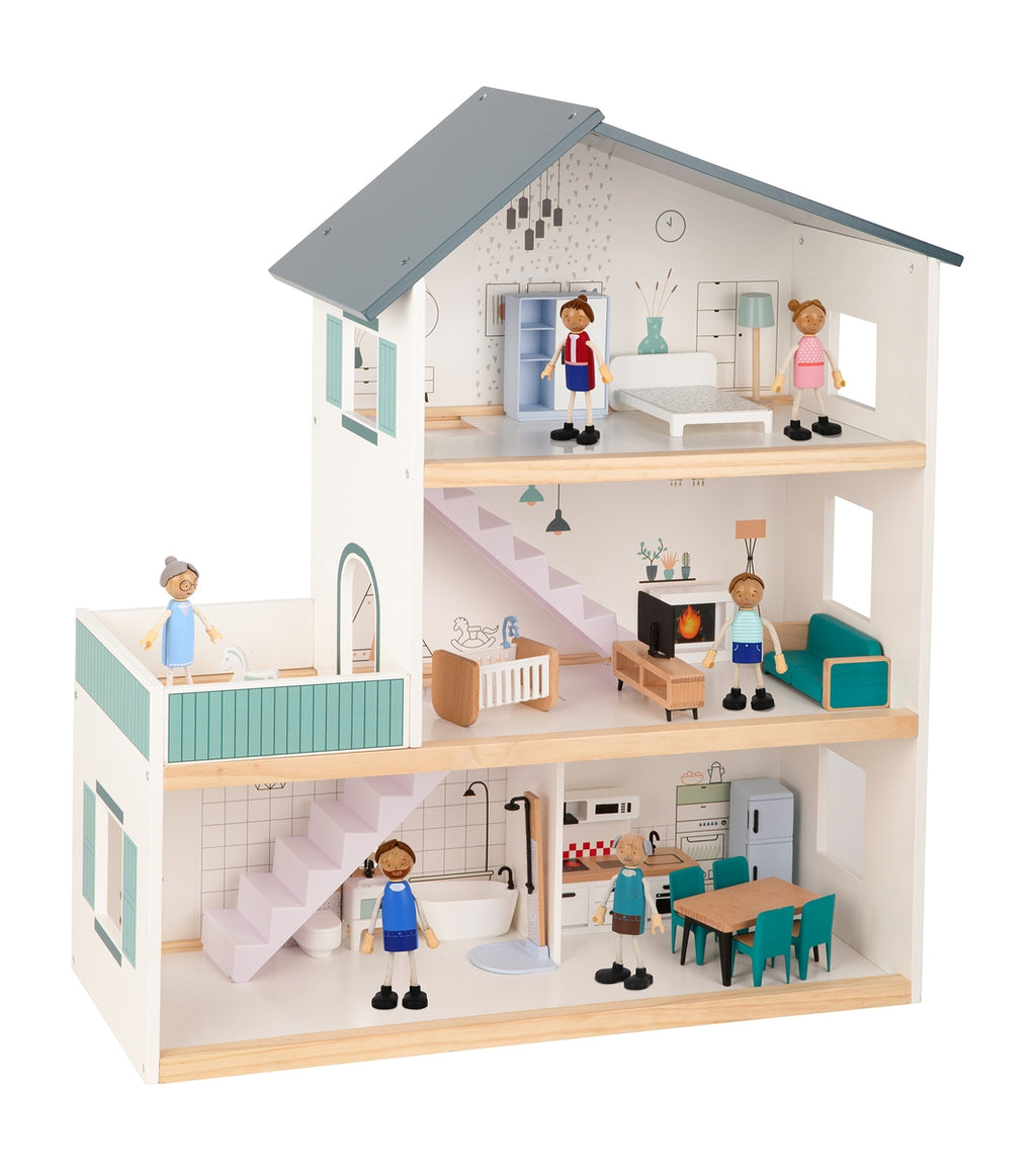 TOOKY TOY Didelis medinis lėlių namelis su figūrėlėmis, FSC – vaizdas 10