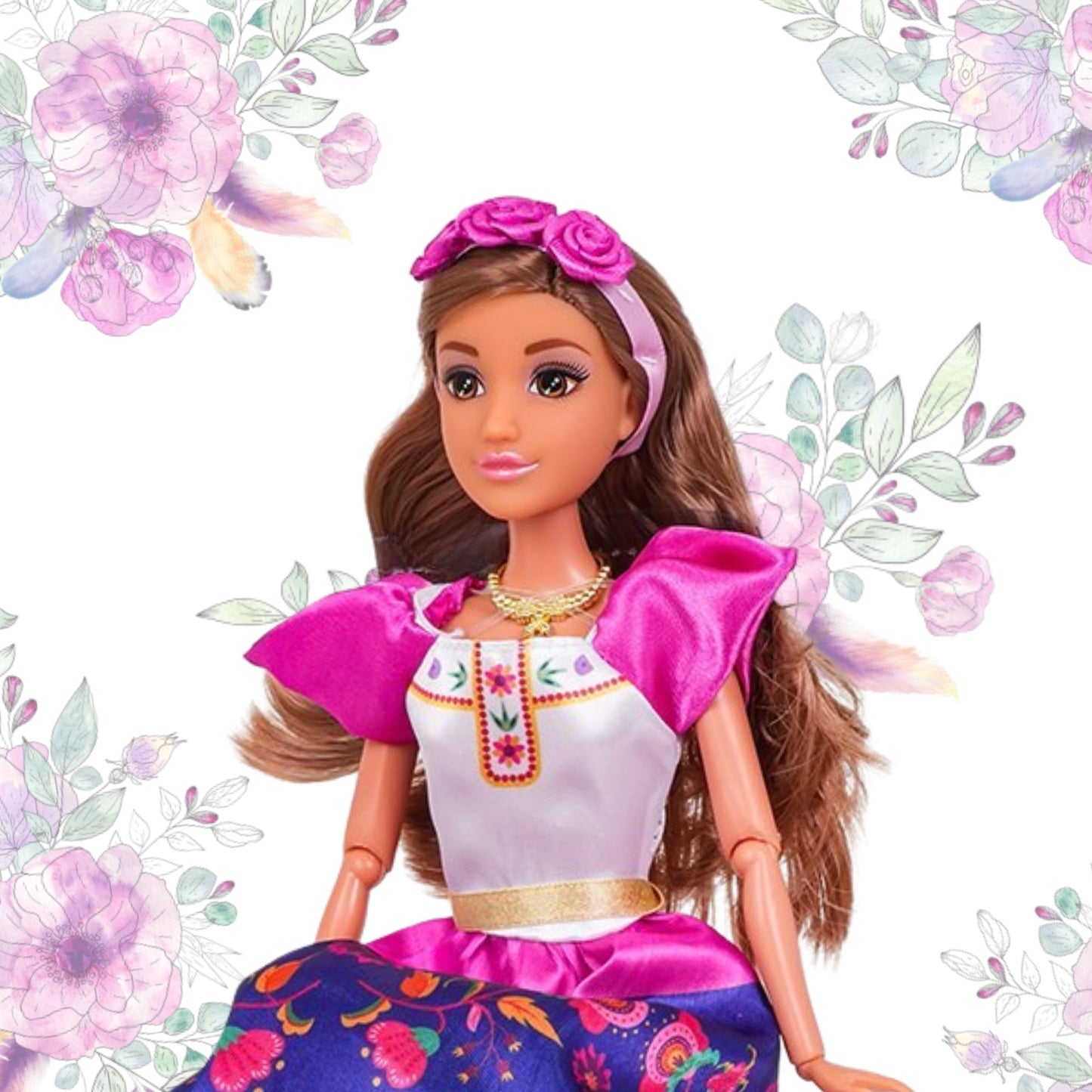 WOOPIE ROYAL „Pasaulio Moterų“ lėlė Lily Meksikietė, tradicinis kostiumas su gėlių raštu – vaizdas 3