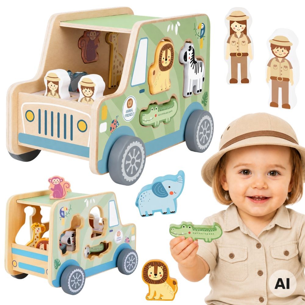 TOOKY TOY medinis safario automobilis su gyvūnais, 9 dalys