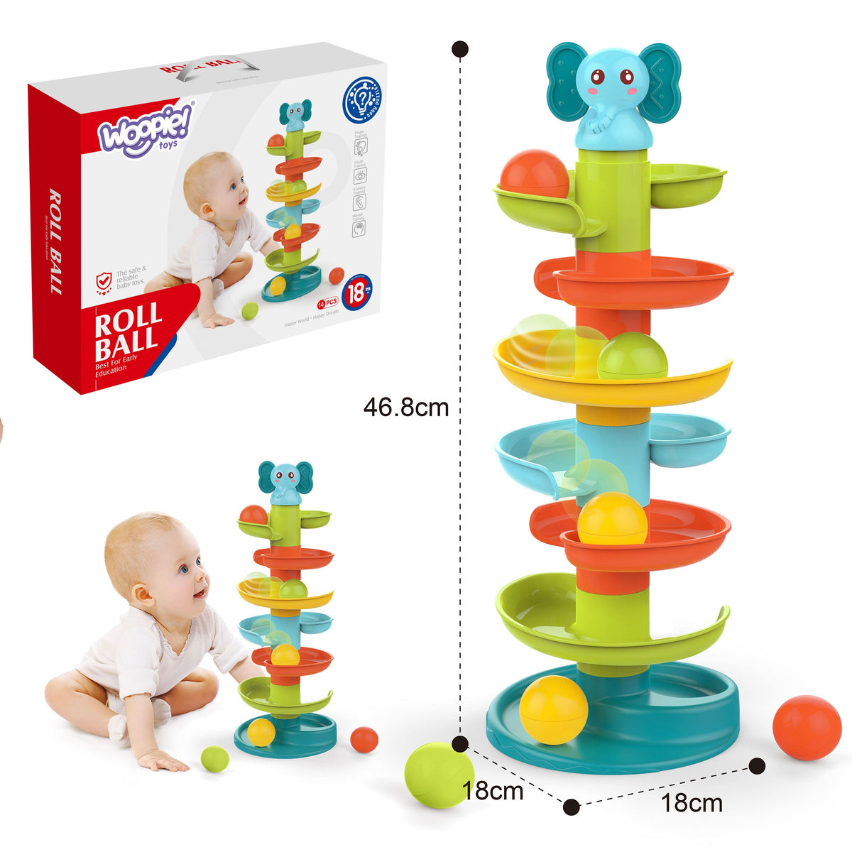 WOOPIE BABY Spiralinis kamuoliukų bokštas su 3 kamuoliukais