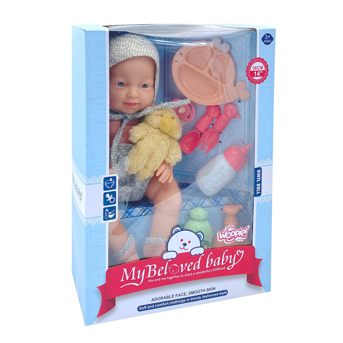WOOPIE ROYAL Kūdikėlio lėlė 36 cm meškiuko kostiumėlyje su maitinimo priedais