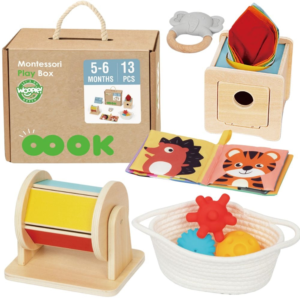 WOOPIE GREEN Box XXL Montessori edukacinis jutiminis rinkinys 6in1, 13 dalių, skirtas 5-6 mėnesių kūdikiams, FSC – pagrindinis vaizdas