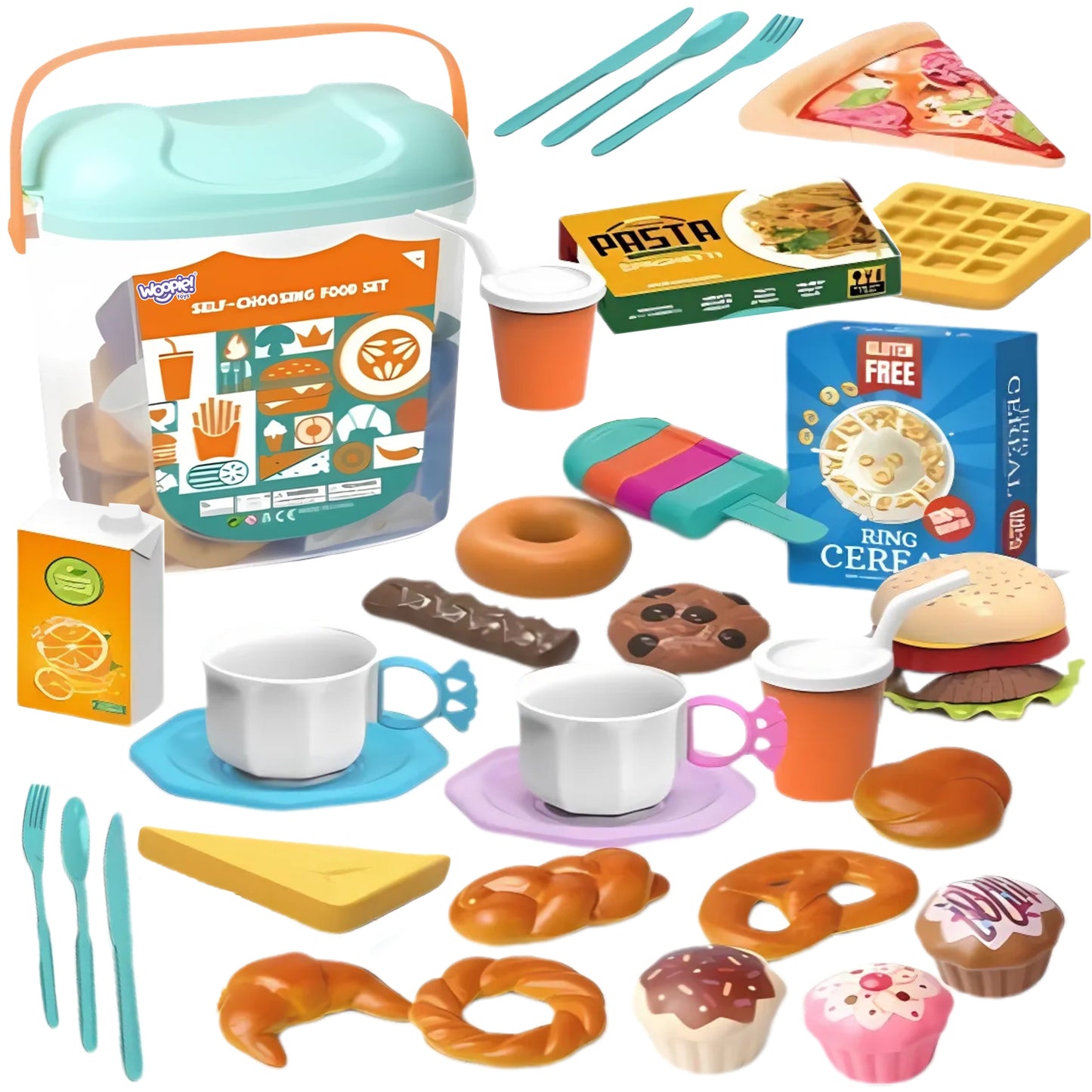 WOOPIE XL maisto žaidimams rinkinys (saldumynai, greitas maistas, stalo įrankiai) kibirėlyje, 40 dalių – pagrindinis vaizdas