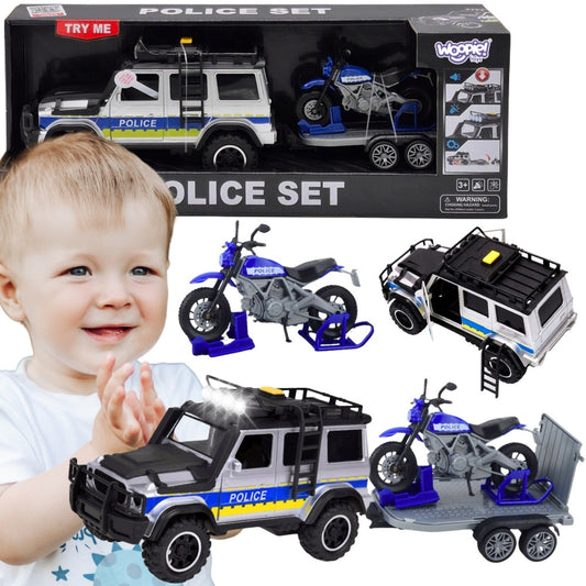 WOOPIE Policijos visureigis su motociklo priekaba, žaislinis rinkinys