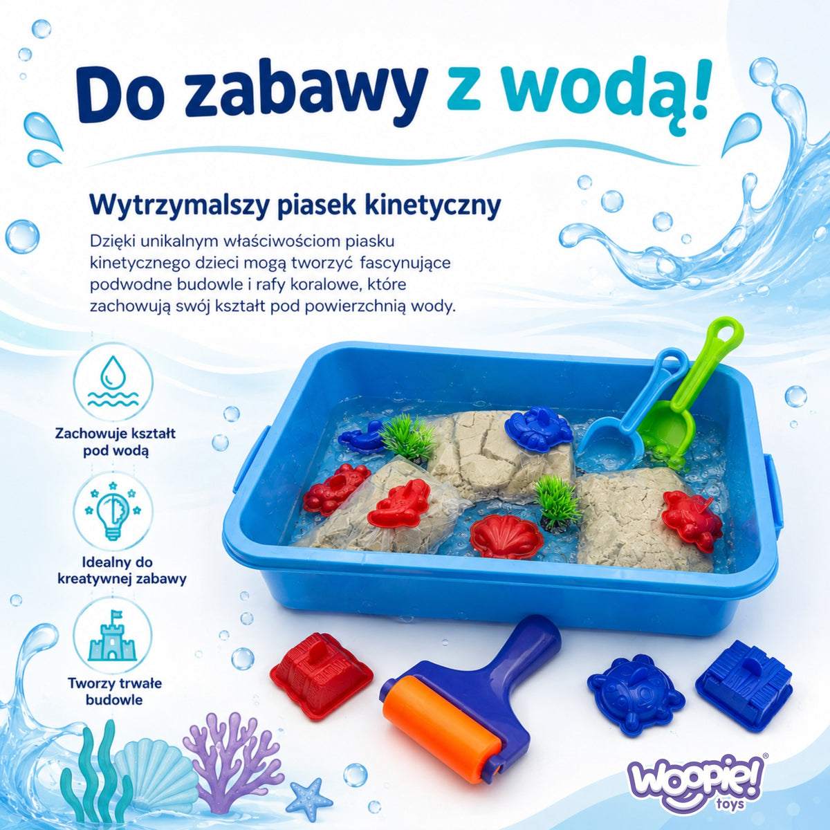 WOOPIE Kinetinio Smėlio Rinkinys Vandeniui 18 detalių su Lagaminėliu