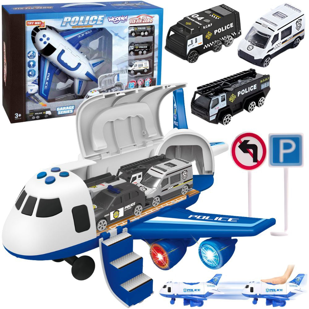 WOOPIE XL Išskleidžiamas Policijos Lėktuvas-Transporteris su 3 Policijos Automobiliais ir Kelio Ženklais – pagrindinis vaizdas