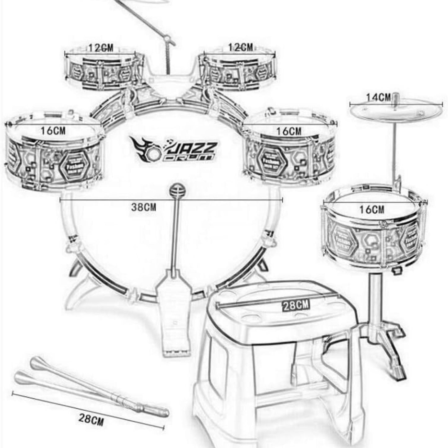 WOOPIE Vaikiškas Mušamųjų Instrumentų Rinkinys 6 Būgnai 2 Cimbolai + Kėdutė