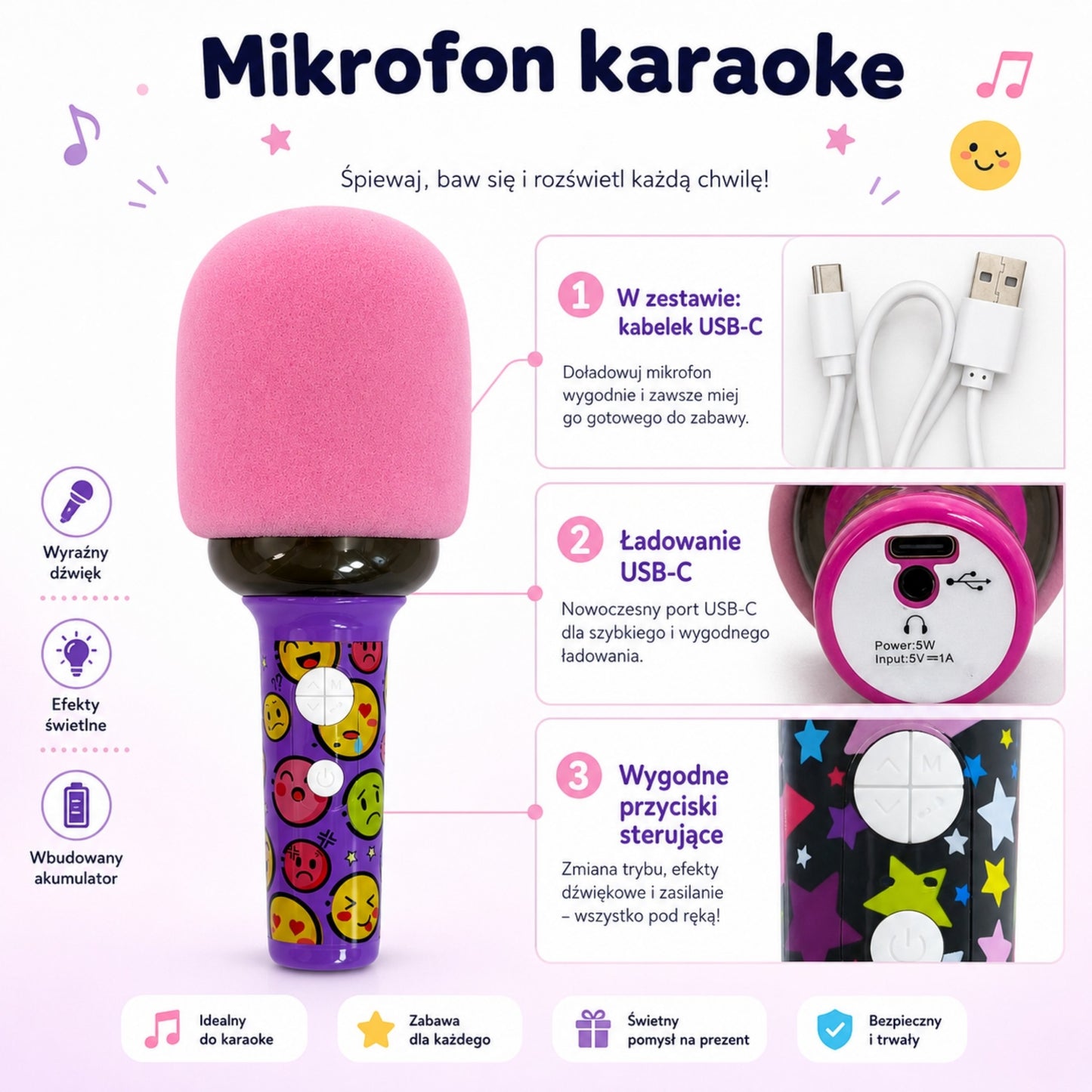 WOOPIE Belaidis Karaoke Mikrofonas su Garsiakalbiu Rožinis