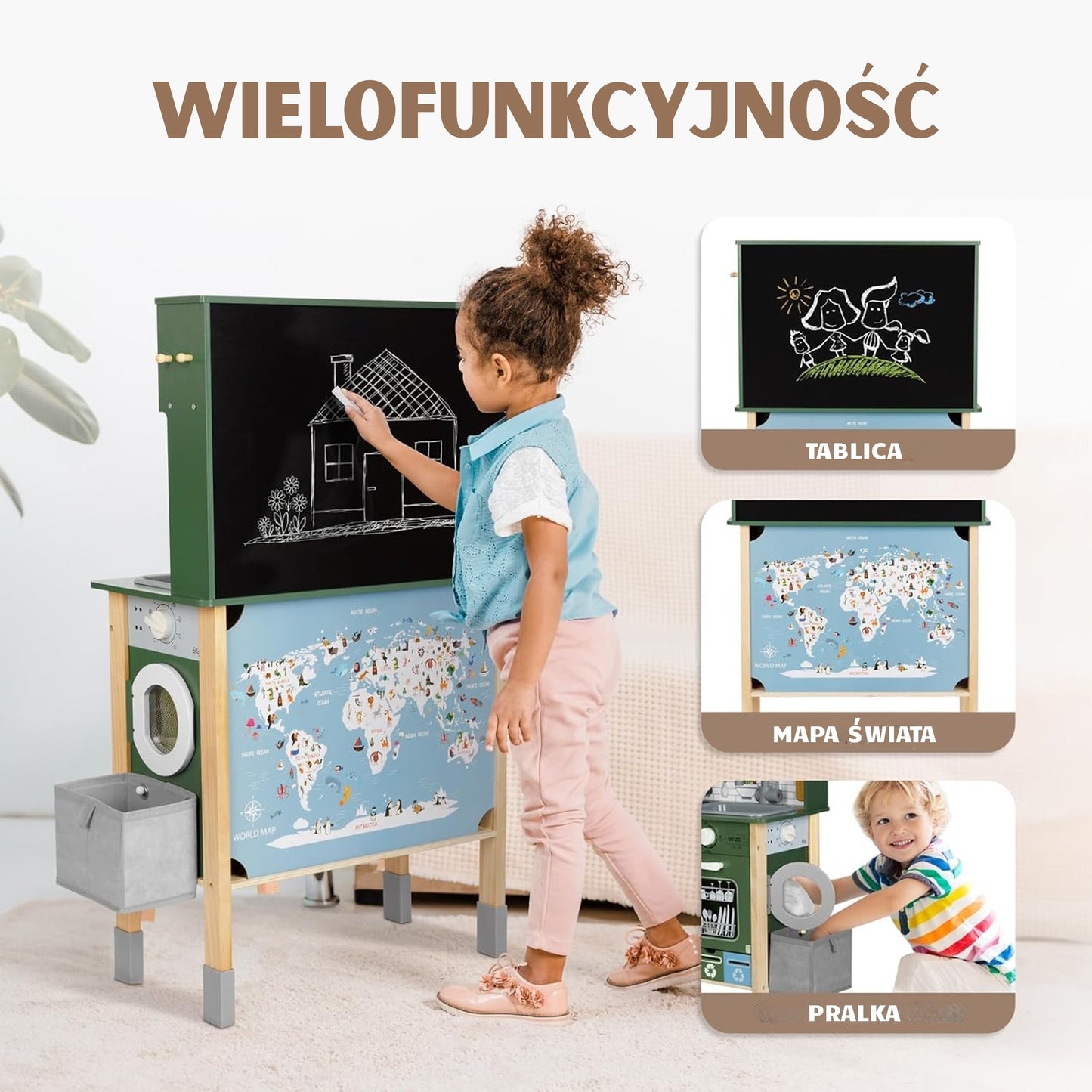 WOOPIE GREEN Medinė interaktyvi virtuvėlė 9in1 su skalbimo mašina ir lenta