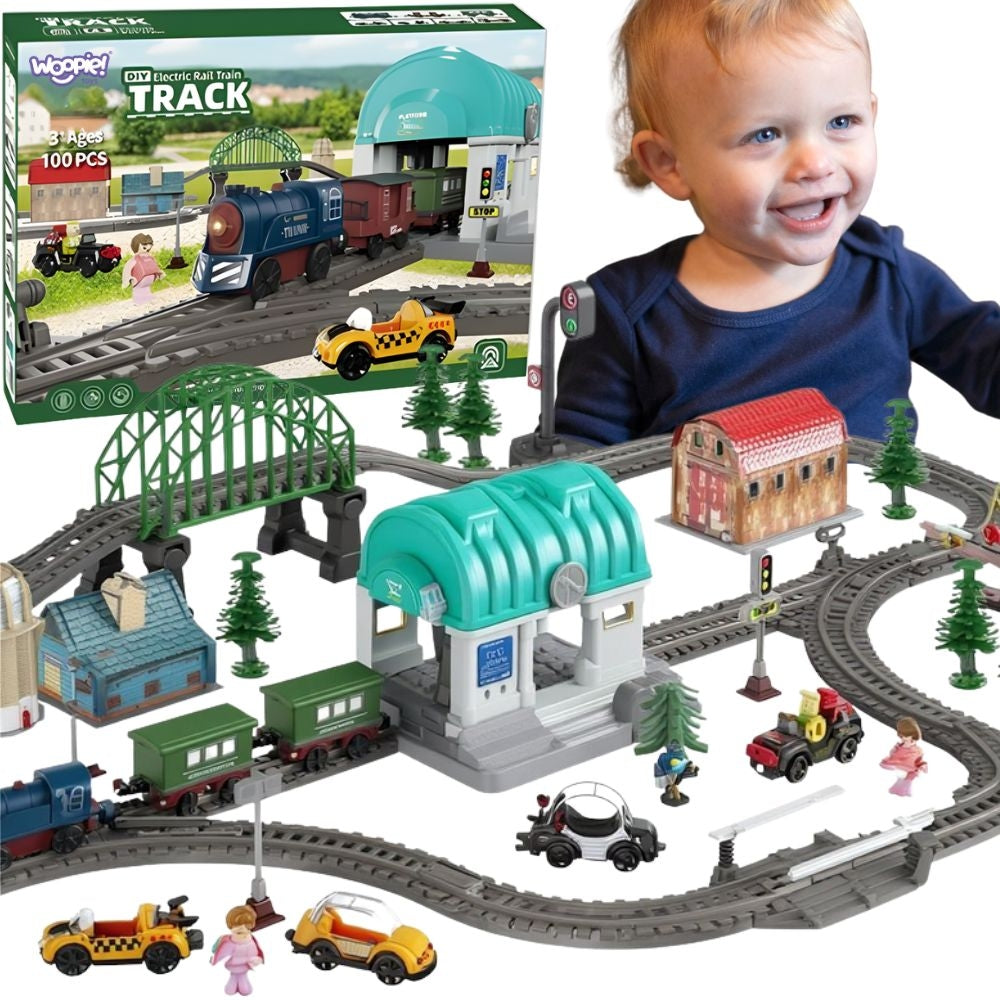 WOOPIE Elektrinis traukinys, Geležinkelio trasa XXL, Miestelio rinkinys su lokomotyvu (108 el) – pagrindinis vaizdas