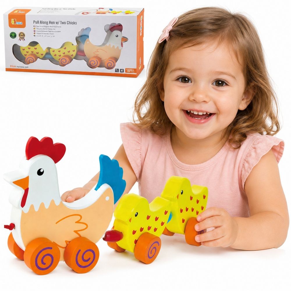 VIGA Vežimėlis Višta su Viščiukais 36 cm – medinis žaislas