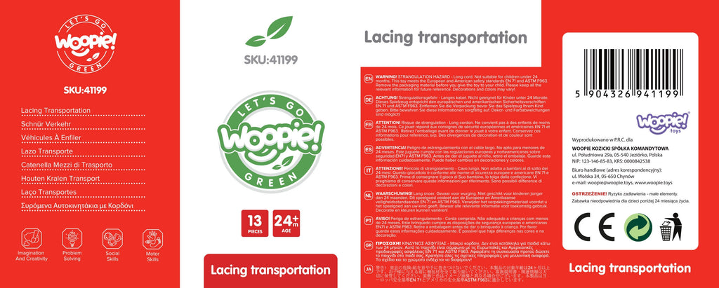 WOOPIE GREEN Medinių kaladėlių vėrinukas Transporto priemonės 13 vnt.