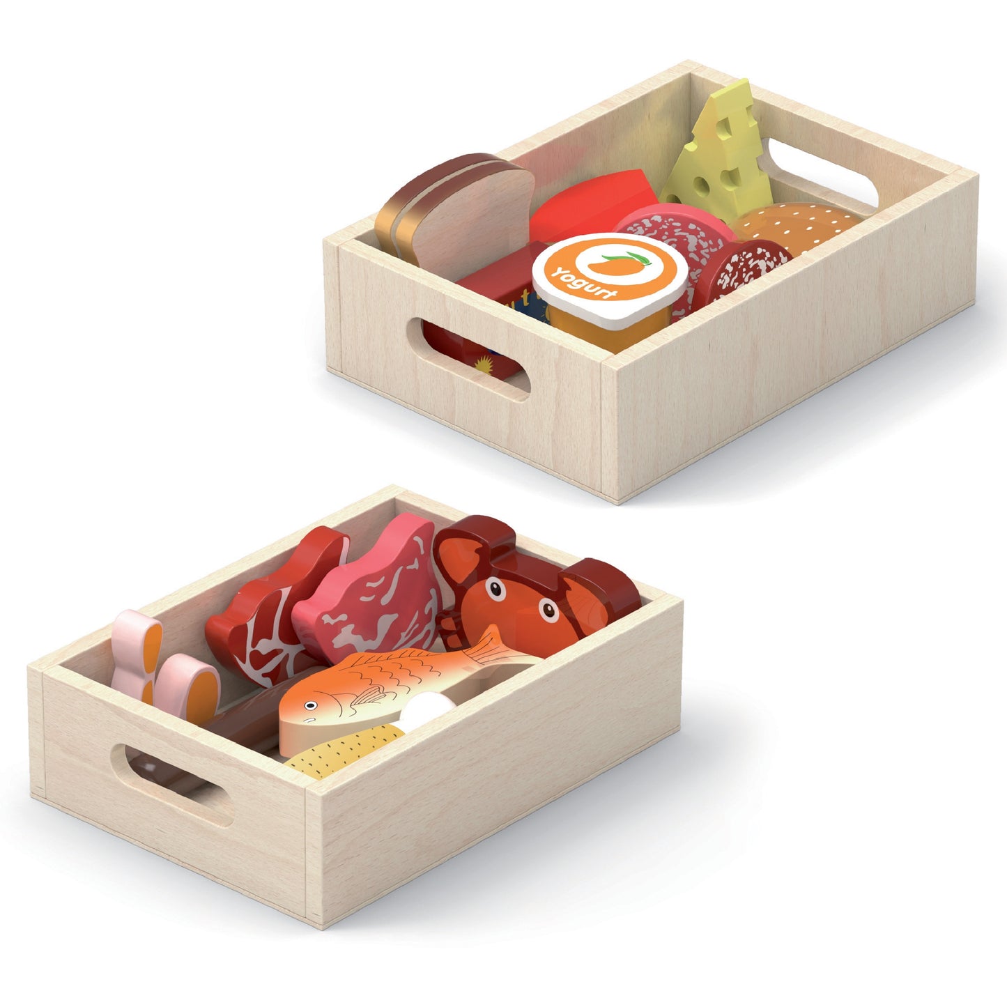 Viga medinių maisto produktų rinkinys – pusryčiai, žuvis, mėsa, pieno produktai
